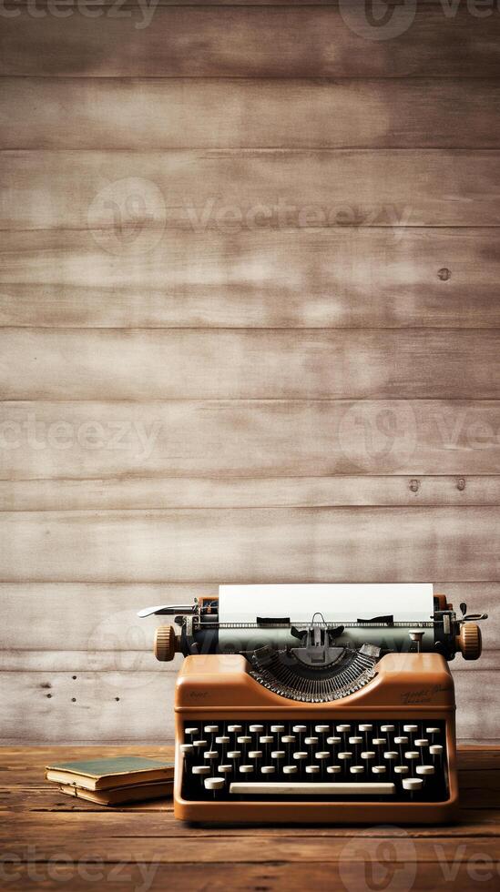 Vintage typewriter on rustic wooden background photo