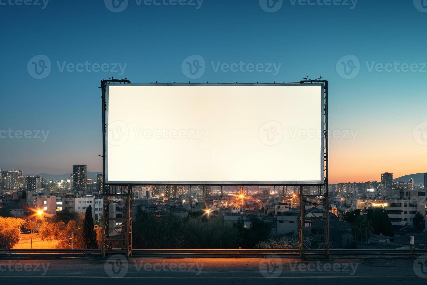 Vibrant sunset forming a fiery backdrop for a blank billboard frame, perfect for bold advertising photo