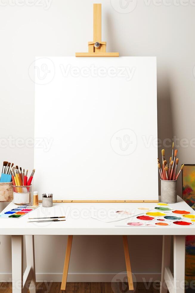 Artist's workspace with blank canvas and art supplies photo