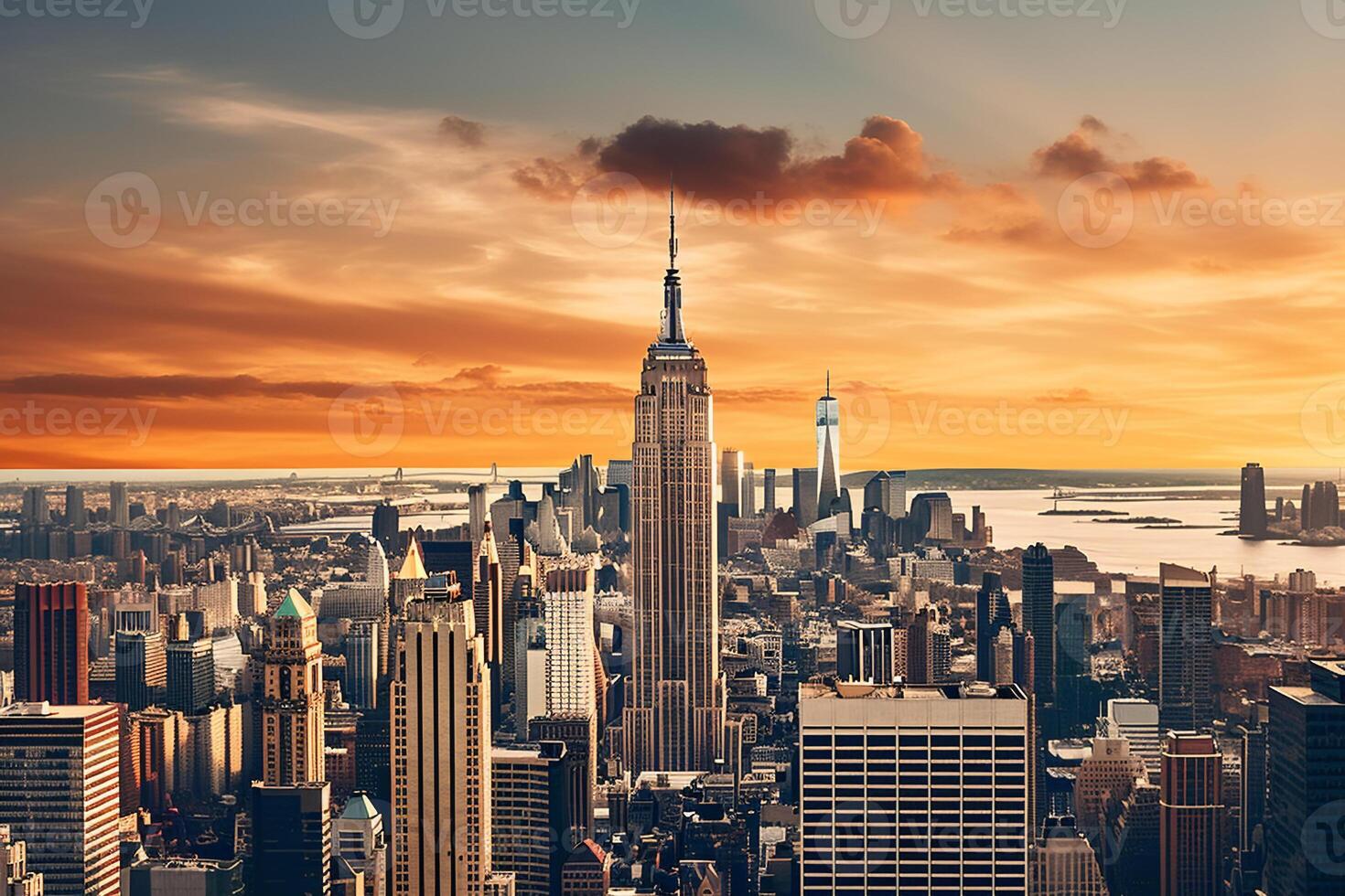 Vibrant panoramic cityscape of New York at sunset with iconic skyscrapers and generous copy space photo