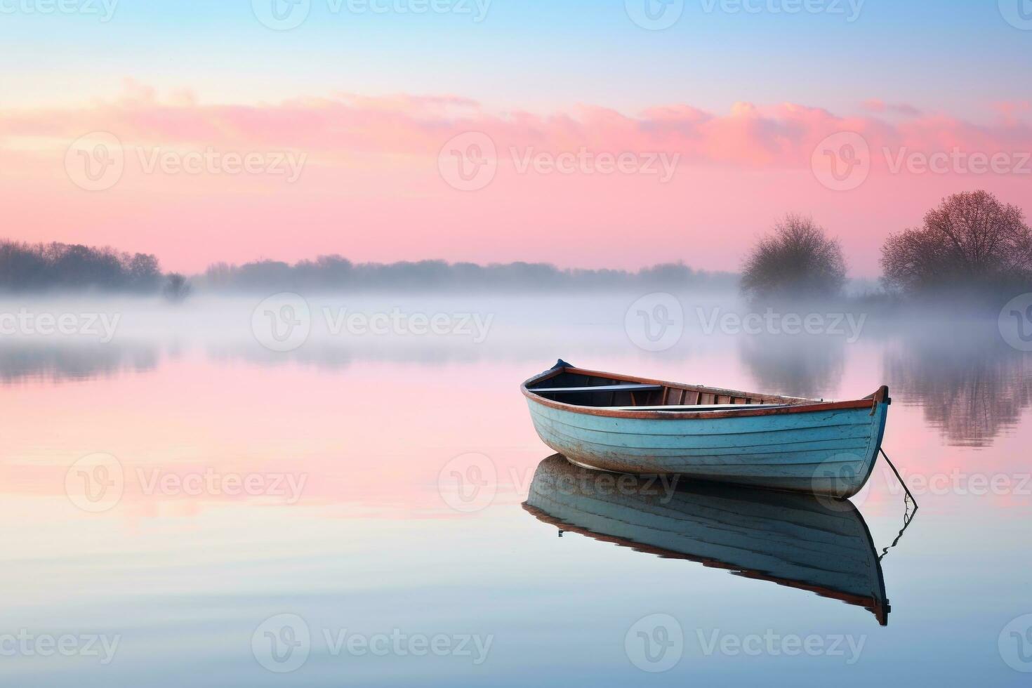 pacífico amanecer terminado un calma lago con un solitario remo barco en el distancia ai generativo foto