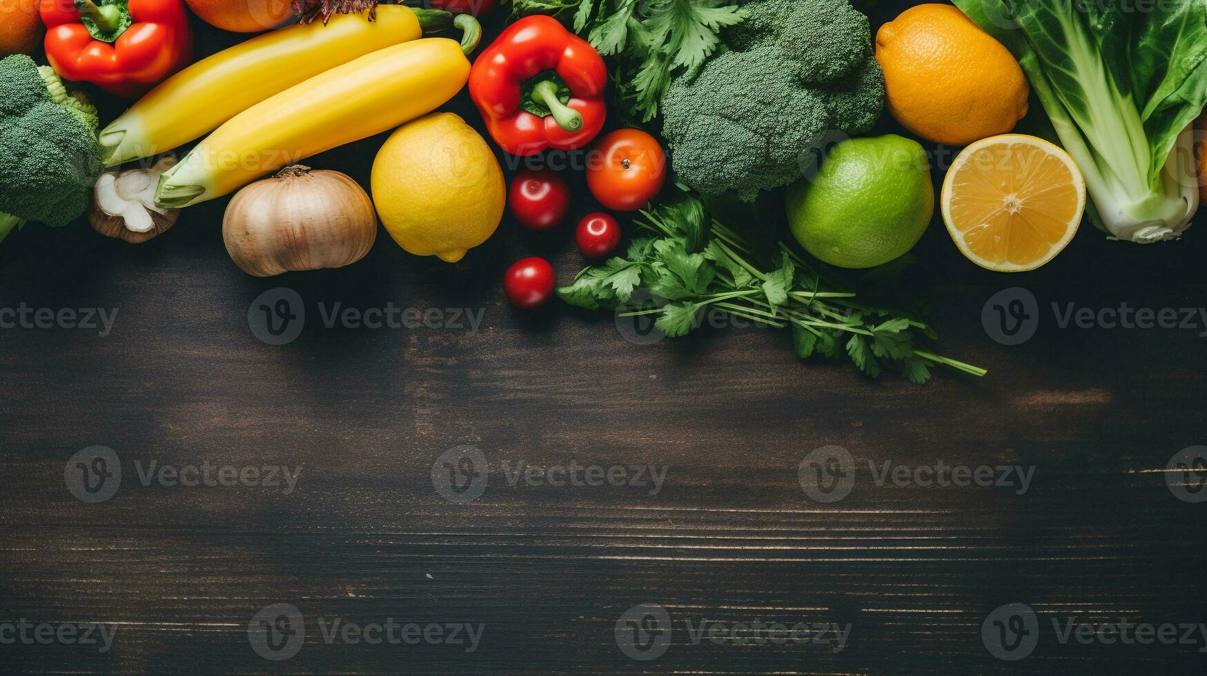 Healthy and fresh foods in a flat lay arrangement with a large copy space at the corner AI Generative photo