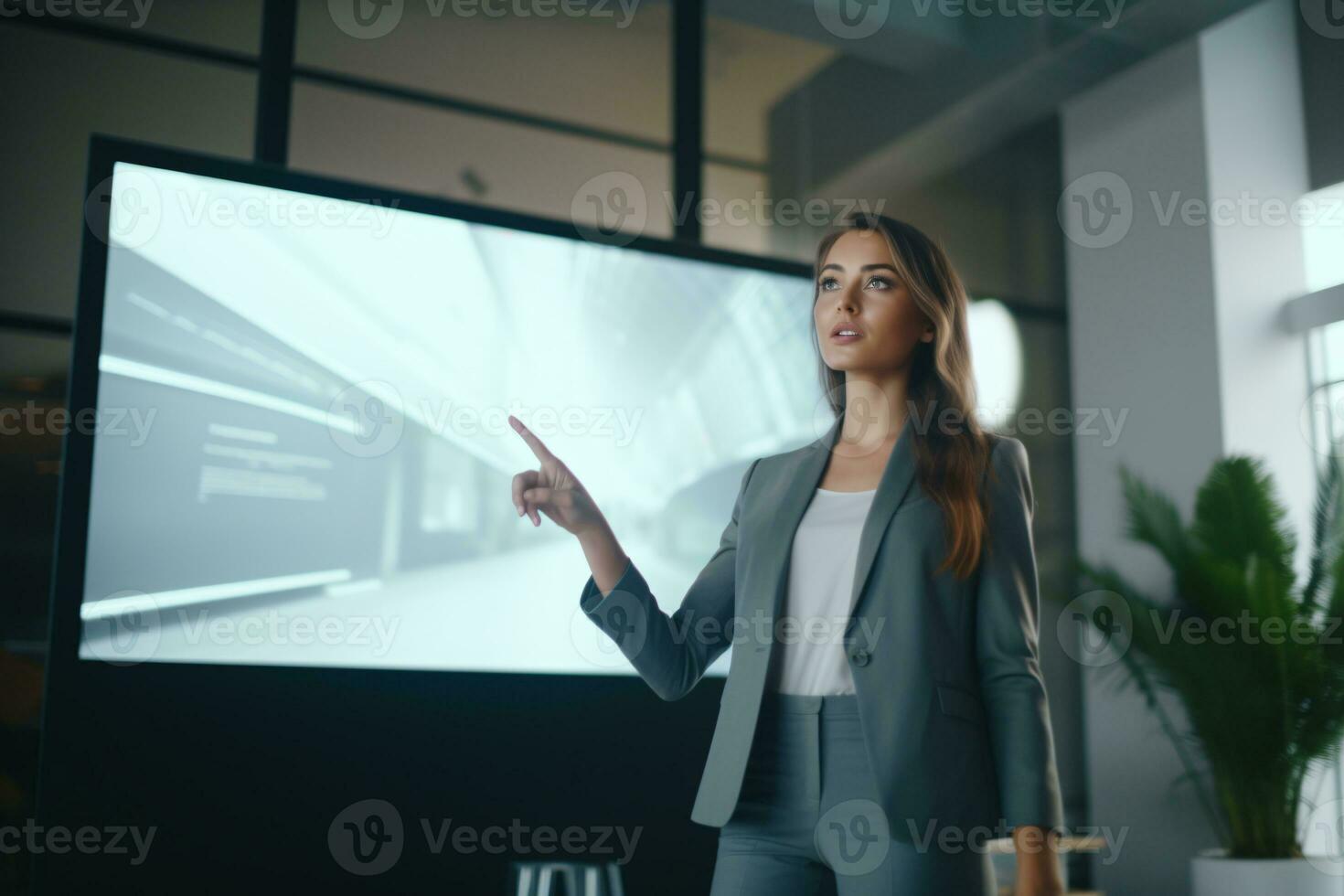 Young professional woman making a presentation on a large screen with ample bottom copyspace AI Generative photo