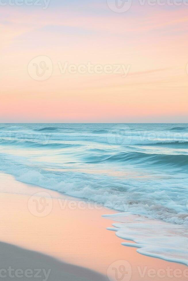 tranquilo playa escena a crepúsculo con suave puesta de sol colores mezcla dentro cielo para amplio Copiar espacio ai generativo foto