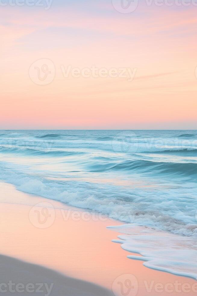 Tranquil beach scene at twilight with soft sunset colors blending into sky for ample copy space photo