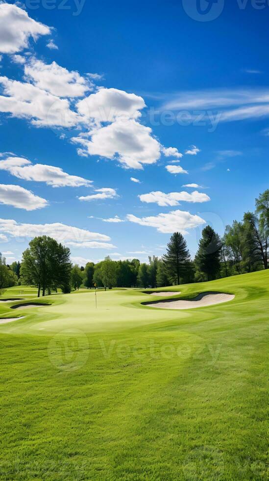 celebrar el radiante belleza de un bien conservado golf curso debajo un soñador cielo ai generativo foto