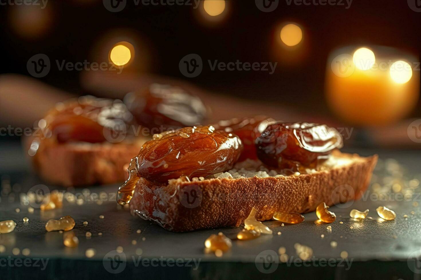 saudi árabe fechas tostada, macro Disparo de un Fresco desayuno con goteo Miel, ai generado foto