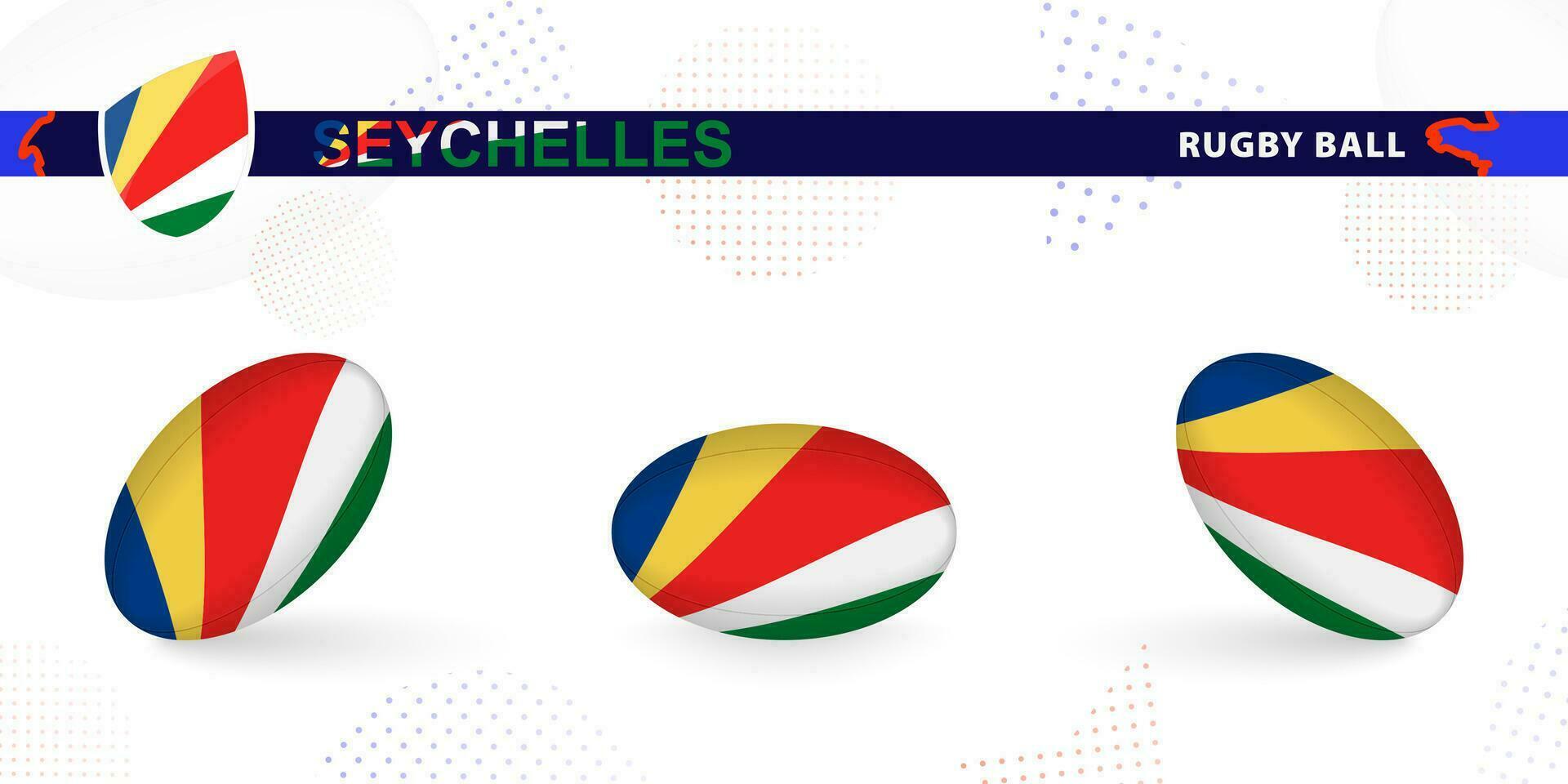 Rugby ball set with the flag of Seychelles in various angles on abstract background. vector