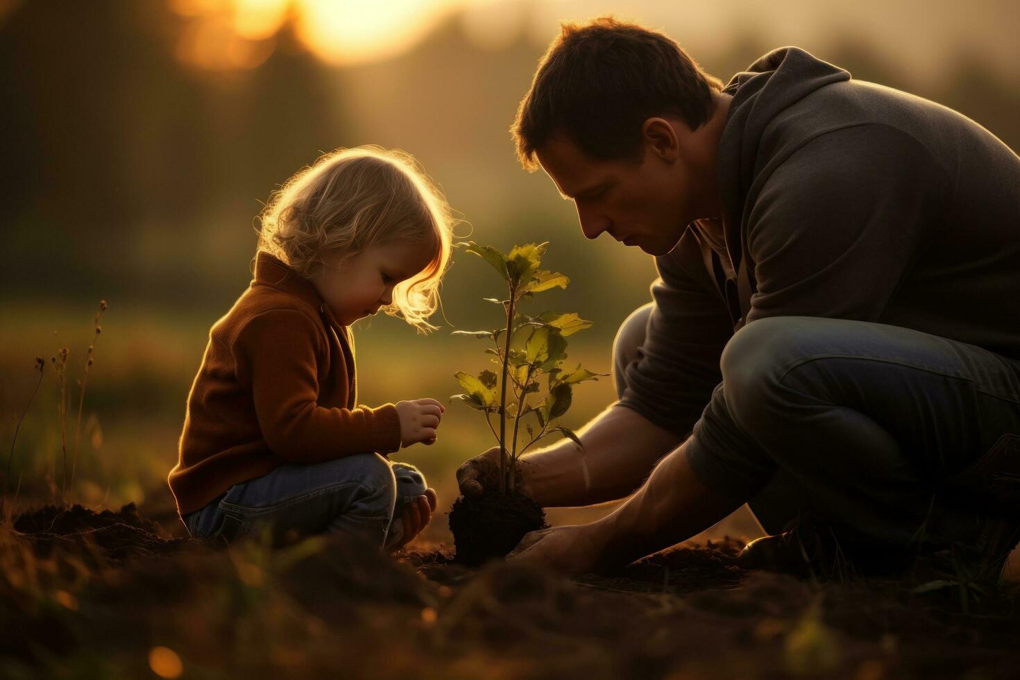 Family planting tree in garden photo