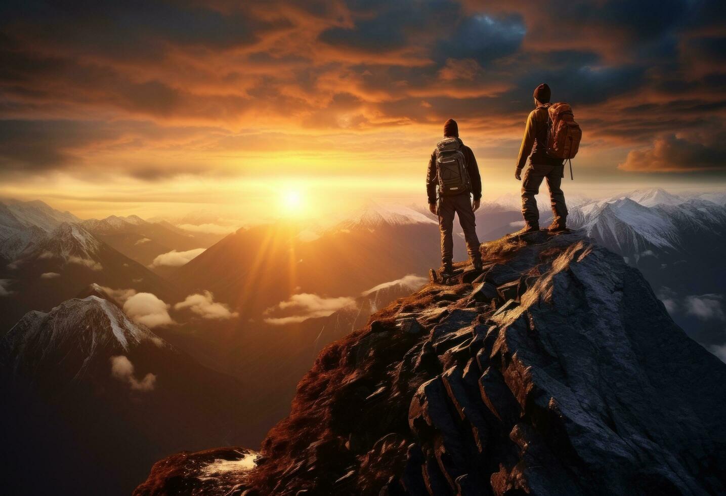 Two people helping each other on a mountain top photo