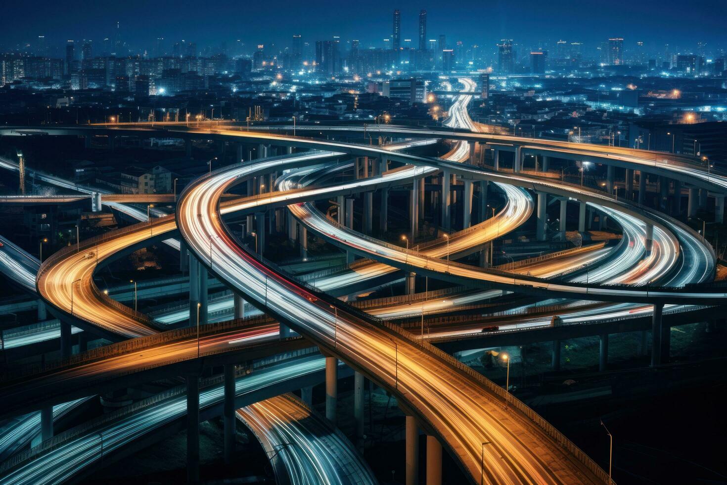 A street at night with vehicles and highways photo