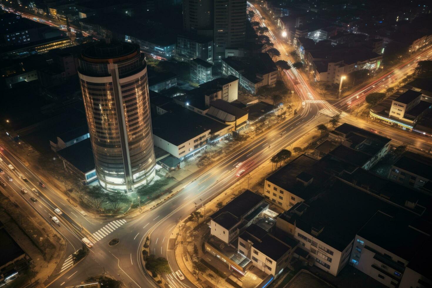 A street at night with vehicles and highways photo