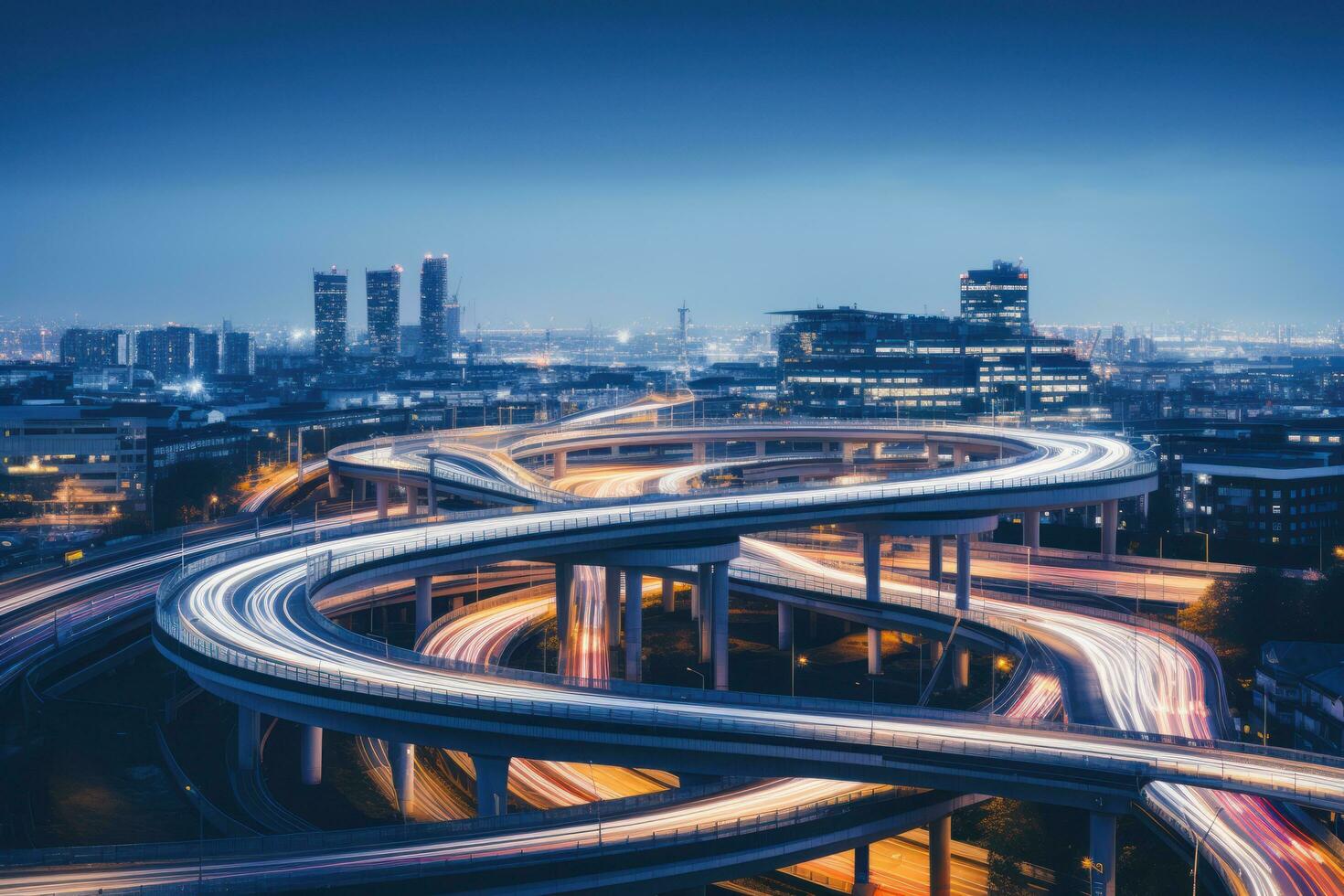 A street at night with vehicles and highways photo