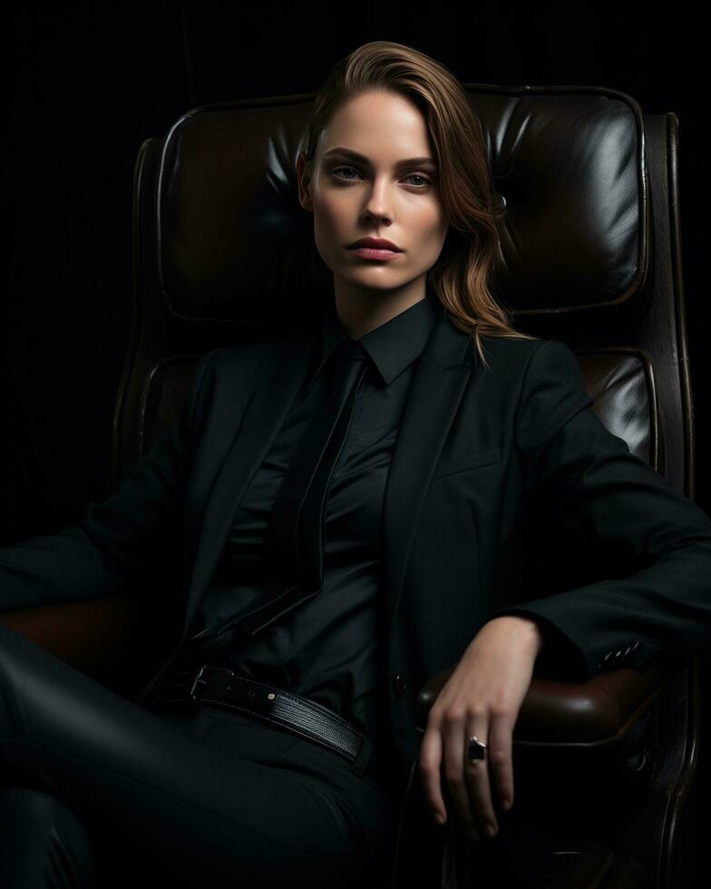 Woman in suit sitting in black chair photo