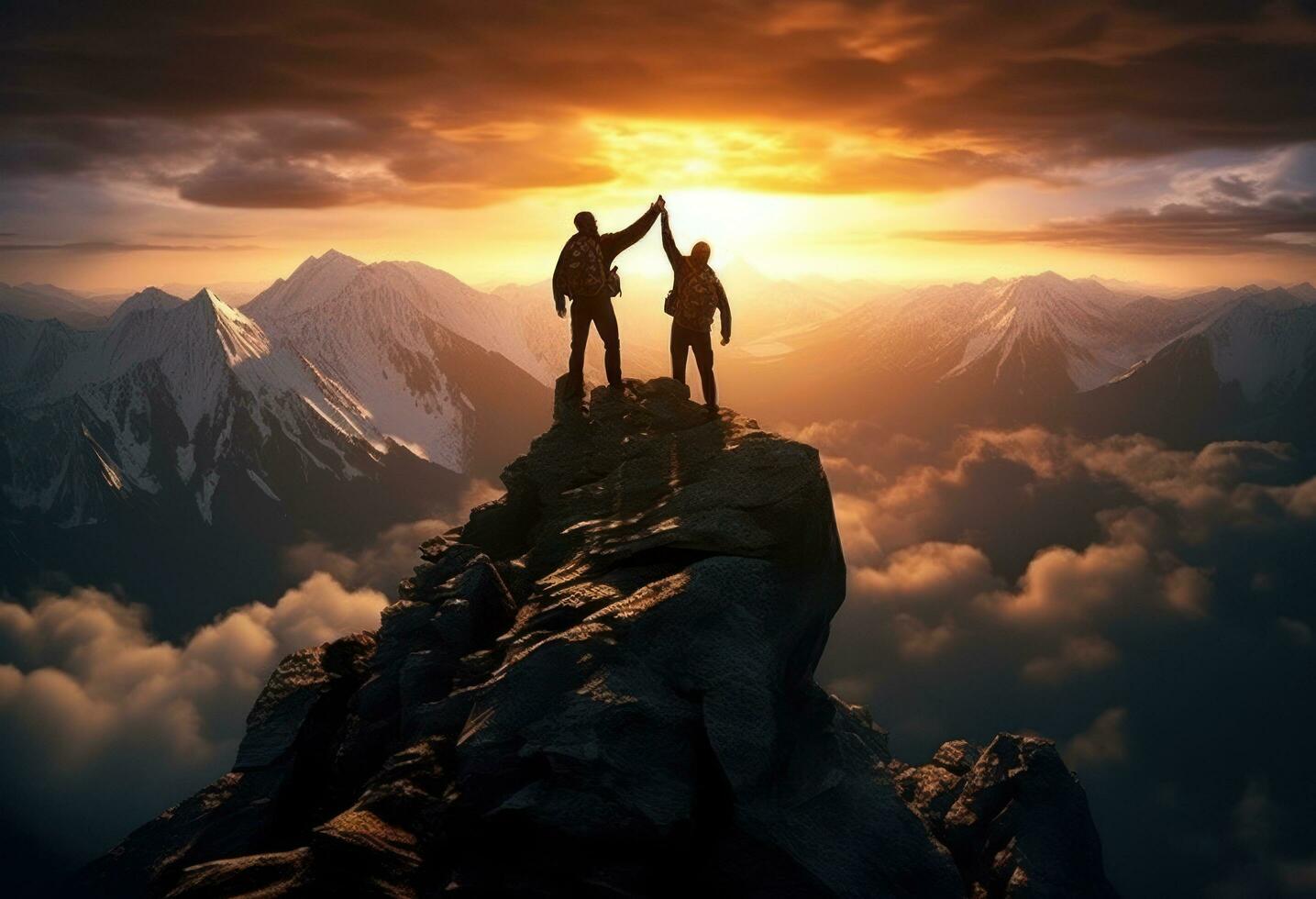 Two people helping each other on a mountain top photo