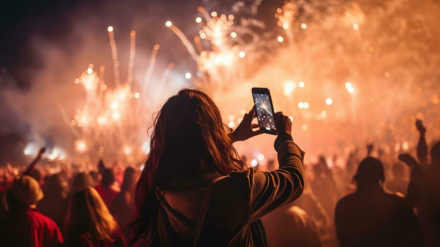 Fireworks lights during concert festival in a nighttime, in crowd photo