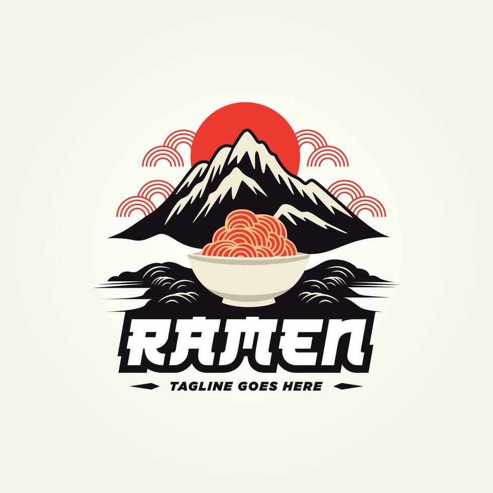 japanese noodle ramen logo template vector illustration design. simple modern japanese ramen soup with fuji mountain logo concept logo concept