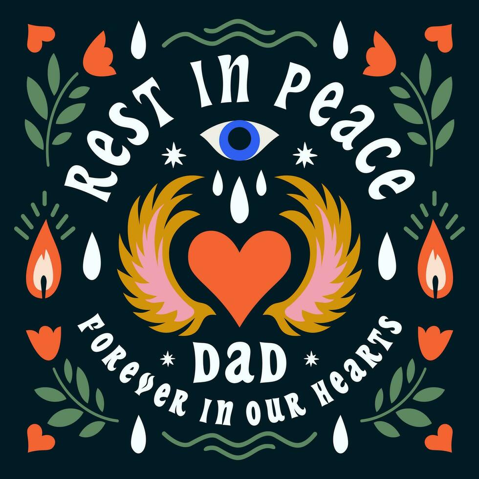 Rest in peace, memorial cards with floral borders, in loving memory and deepest sympathy condolences. Obituary and tombstone decorations with love, eyes, candle, heart, wing, leaves and rose flowers vector