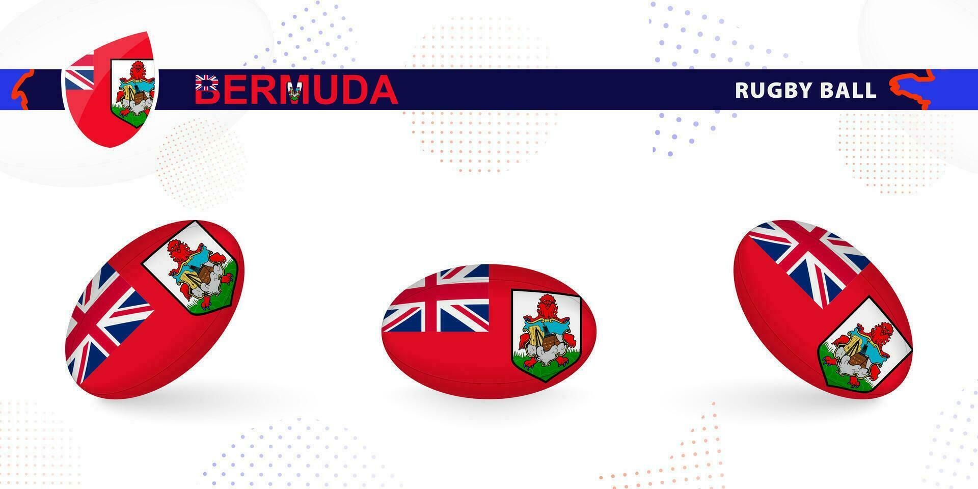 Rugby ball set with the flag of Bermuda in various angles on abstract background. vector