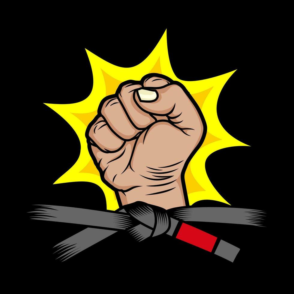 hand fist clenched with black belt, on black background. Design element for logo, poster, card, banner, emblem, t shirt. Vector illustration