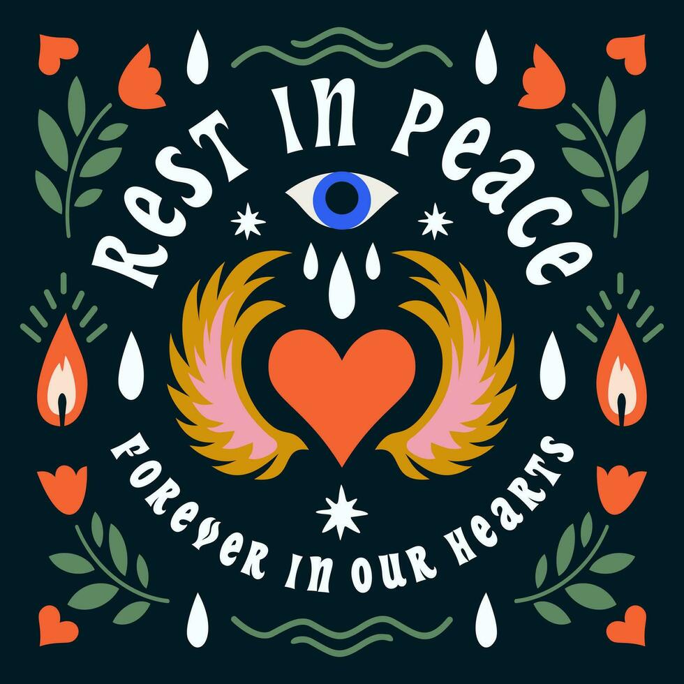Rest in peace, memorial cards with floral borders, in loving memory and deepest sympathy condolences. Obituary and tombstone decorations with love, eyes, candle, heart, wing, leaves and rose flowers vector