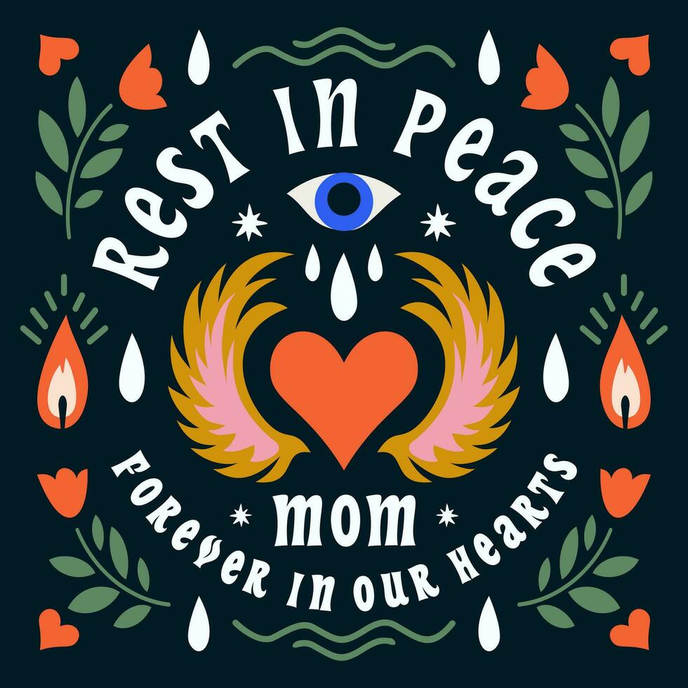 Rest in peace, memorial cards with floral borders, in loving memory and deepest sympathy condolences. Obituary and tombstone decorations with love, eyes, candle, heart, wing, leaves and rose flowers vector