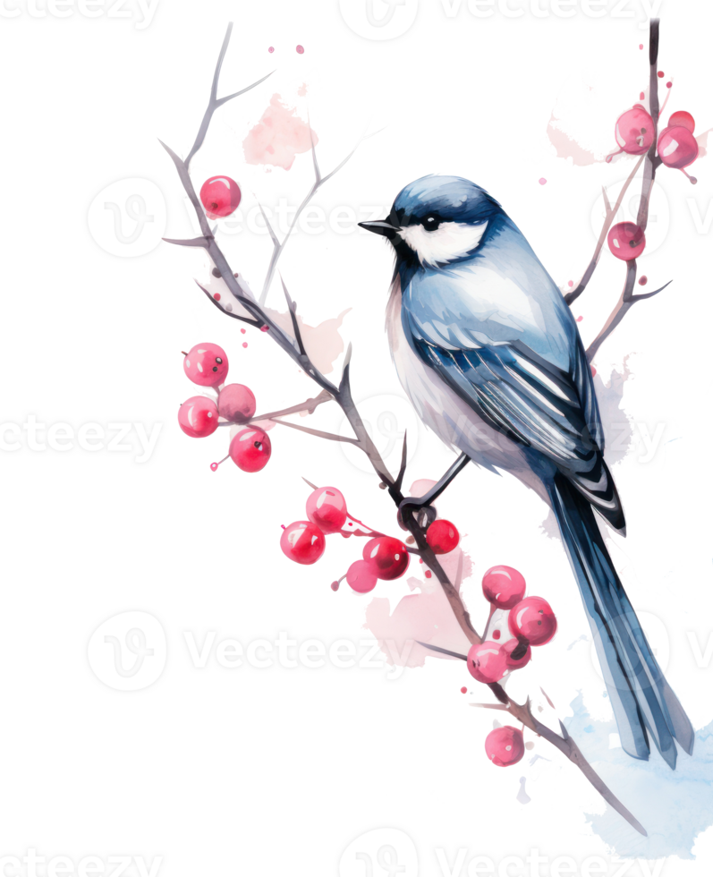A bird sitting on a branch with red berries below it png