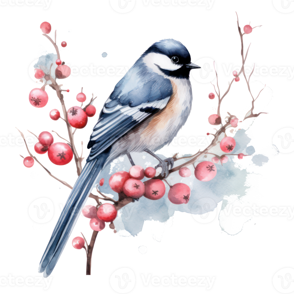 A bird sitting on a branch with red berries below it png