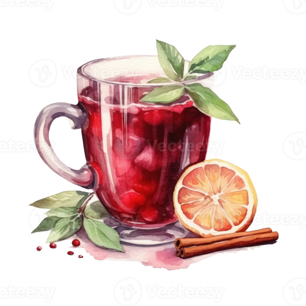 Watercolor mulled wine from a bottle with cinnamon, vanilla and apple png