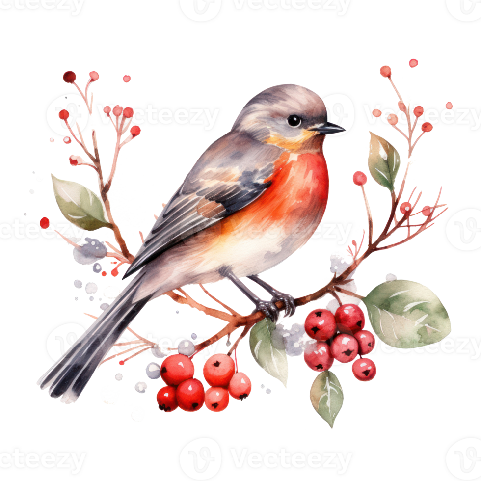 A bird sitting on a branch with red berries below it png
