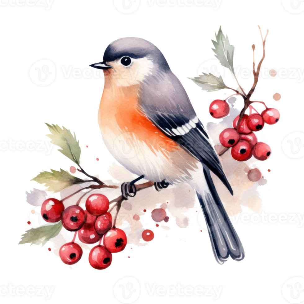 A bird sitting on a branch with red berries below it png