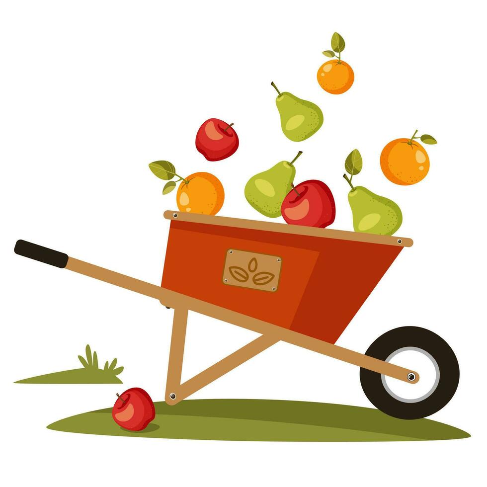 de madera granja carro con frutas aislado en blanco antecedentes. cosecha festival. Fresco orgánico productos desde local agricultores mercado. vector linda ilustración en dibujos animados estilo.