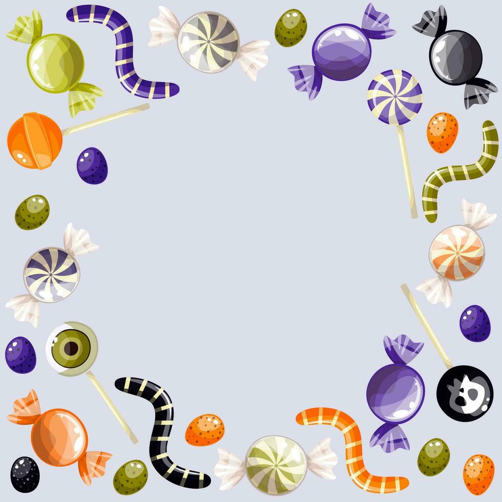 Background for Halloween with candies, sweets and lollipops. Candies and Halloween elements on a purple background. Website, background for halloween banner template vector