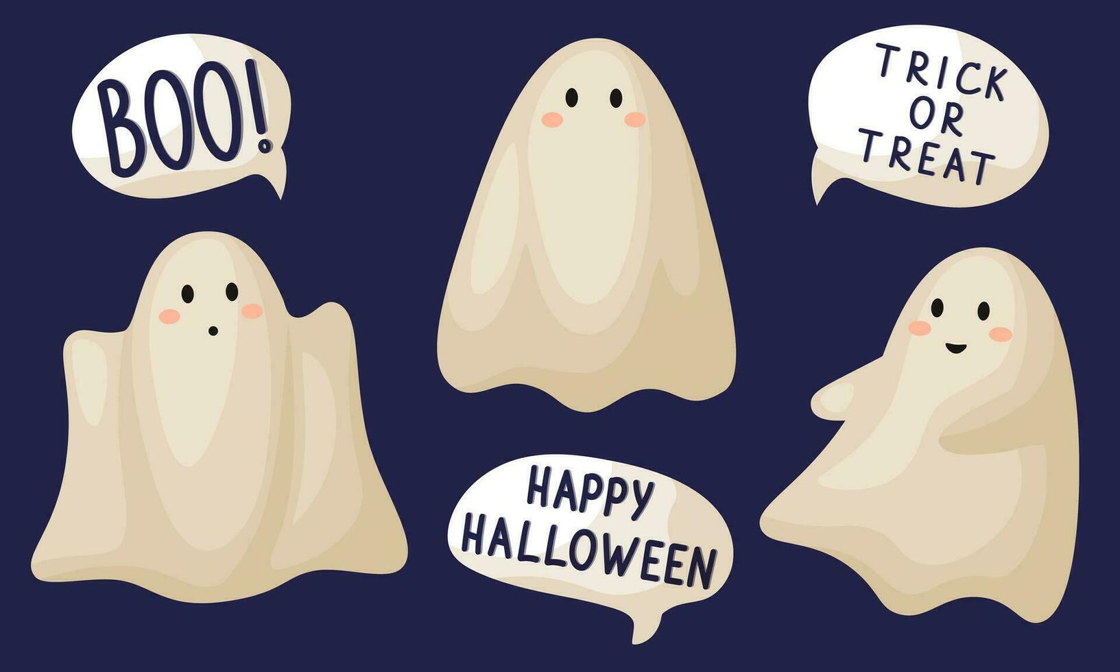 Set of cute funny happy ghosts. Childish creepy characters with word clouds. Magic scary spirits with different emotions and facial expressions. Isolated flat vector illustrations of comic phantoms