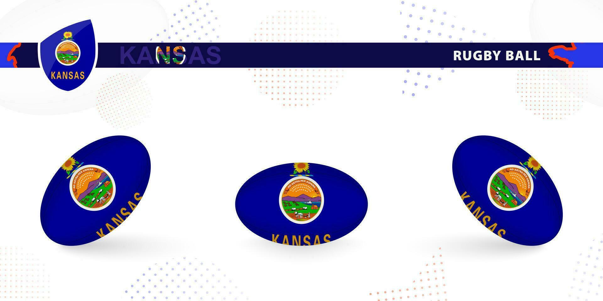 Rugby ball set with the flag of Kansas in various angles on abstract background. vector