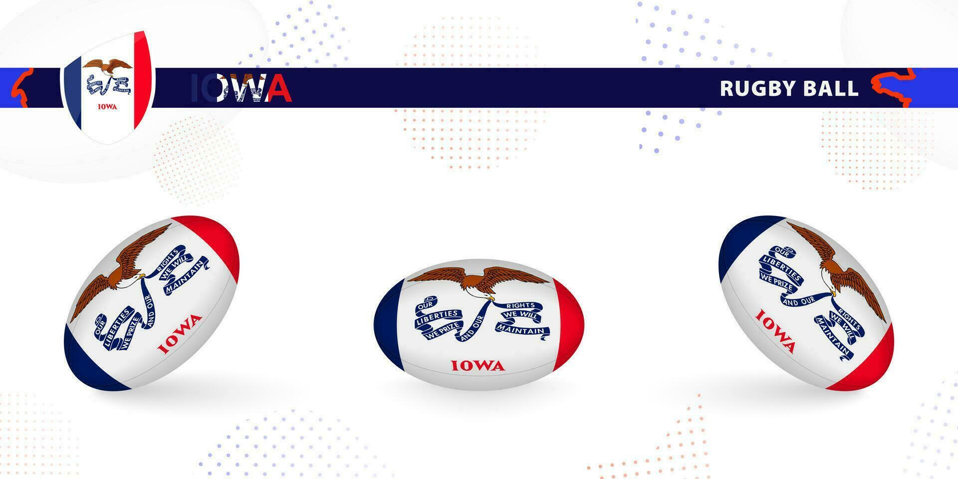 rugby pelota conjunto con el bandera de Iowa en varios anglos en resumen antecedentes. vector