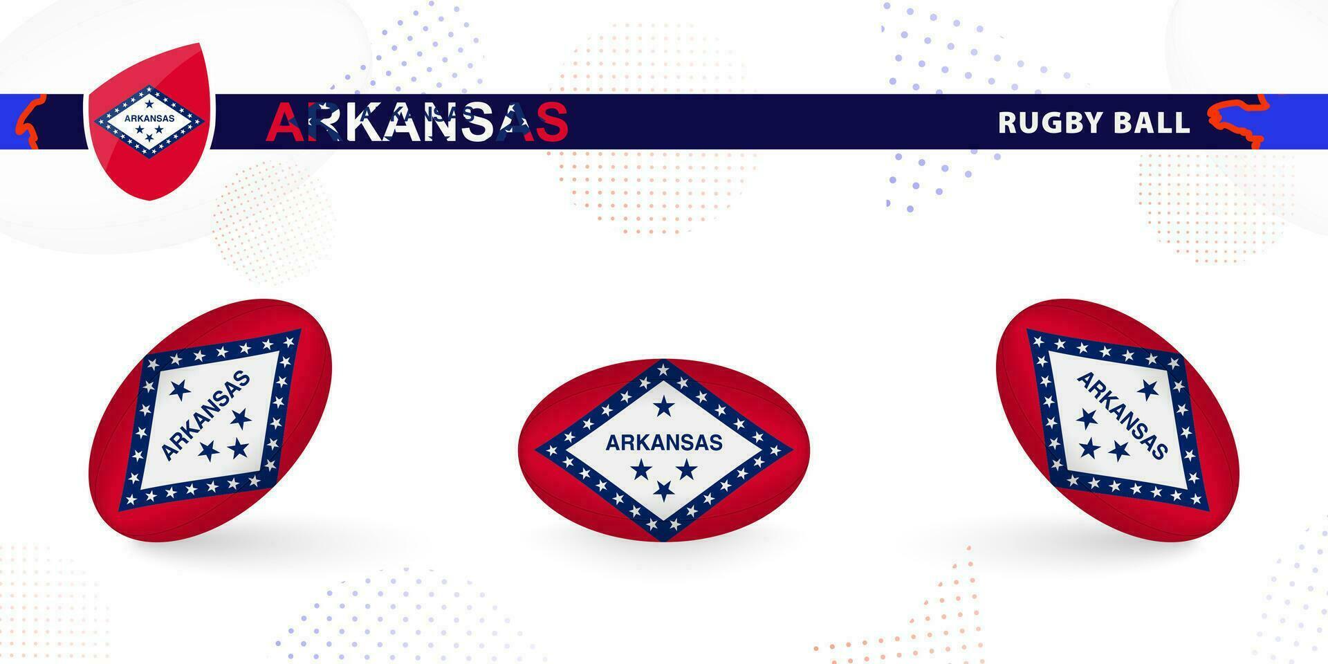 Rugby ball set with the flag of Arkansas in various angles on abstract background. vector