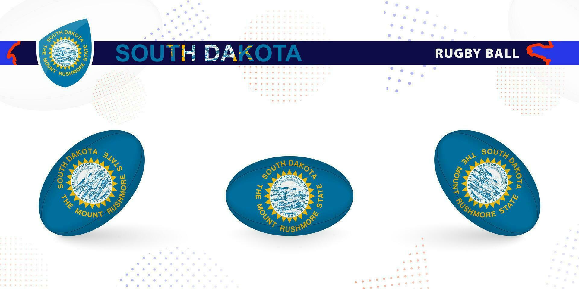 Rugby ball set with the flag of South Dakota in various angles on abstract background. vector