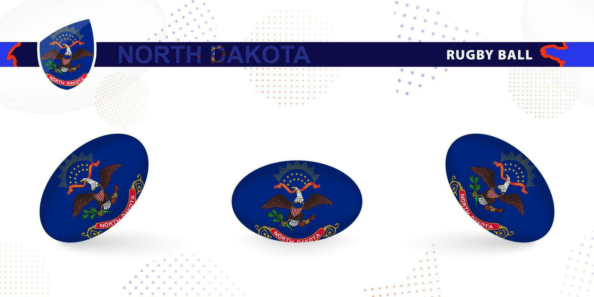 Rugby ball set with the flag of North Dakota in various angles on abstract background. vector