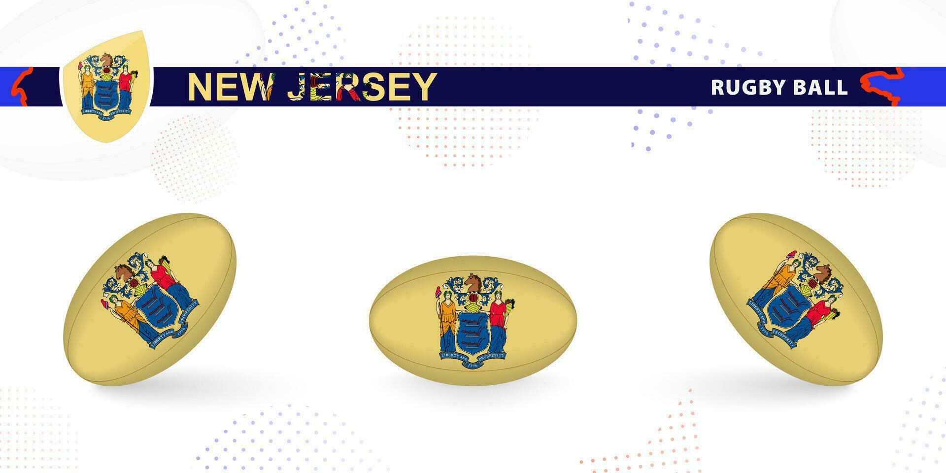 Rugby ball set with the flag of New Jersey in various angles on abstract background. vector