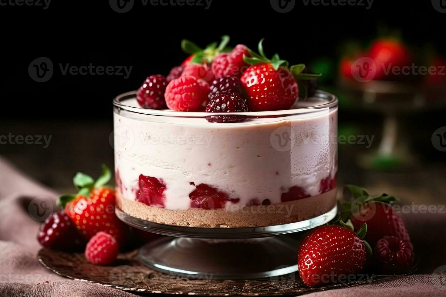 Slice of Strawberry cheesecake on a plate, AI Generated photo