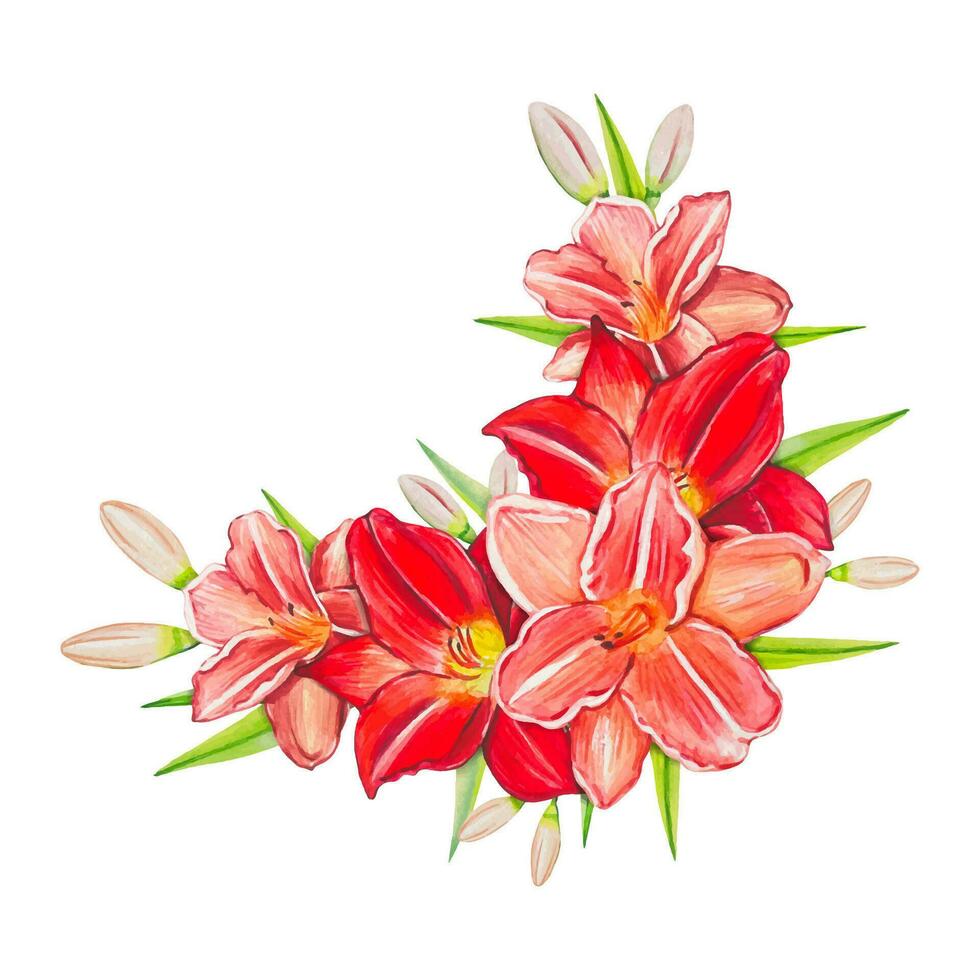 mano dibujado ramo de flores con rojo lirios, acuarela vector