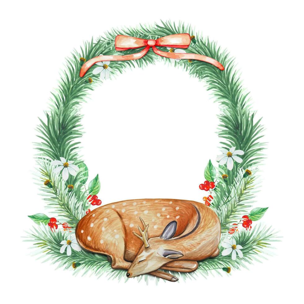 Wreath with deer, fir branches, flowers and berries, watercolor vector