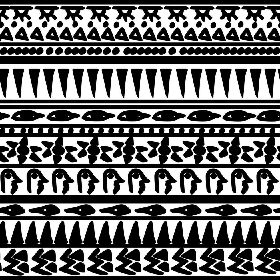 Seamless vector retro striped egyptian pattern theme with ethnic and tribal motifs. Black white hand drawn vintage illustration drawing for textile print