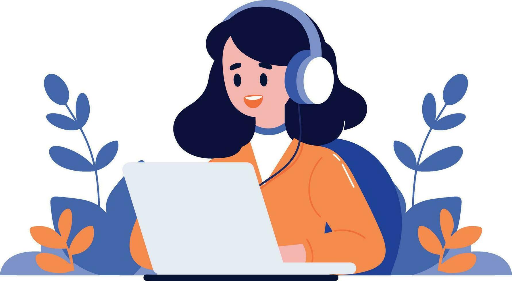 Hand Drawn Office worker with headphones in concept Support Center in flat style vector