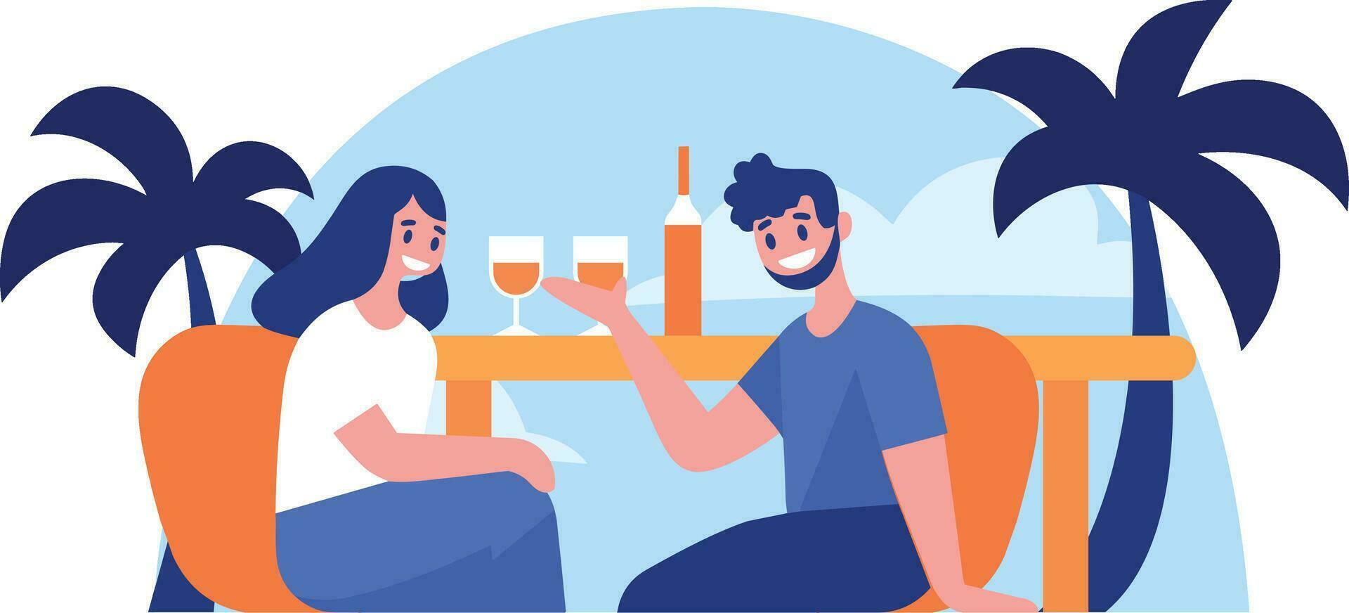 Hand Drawn couple having a drink at a bar by the sea in flat style vector