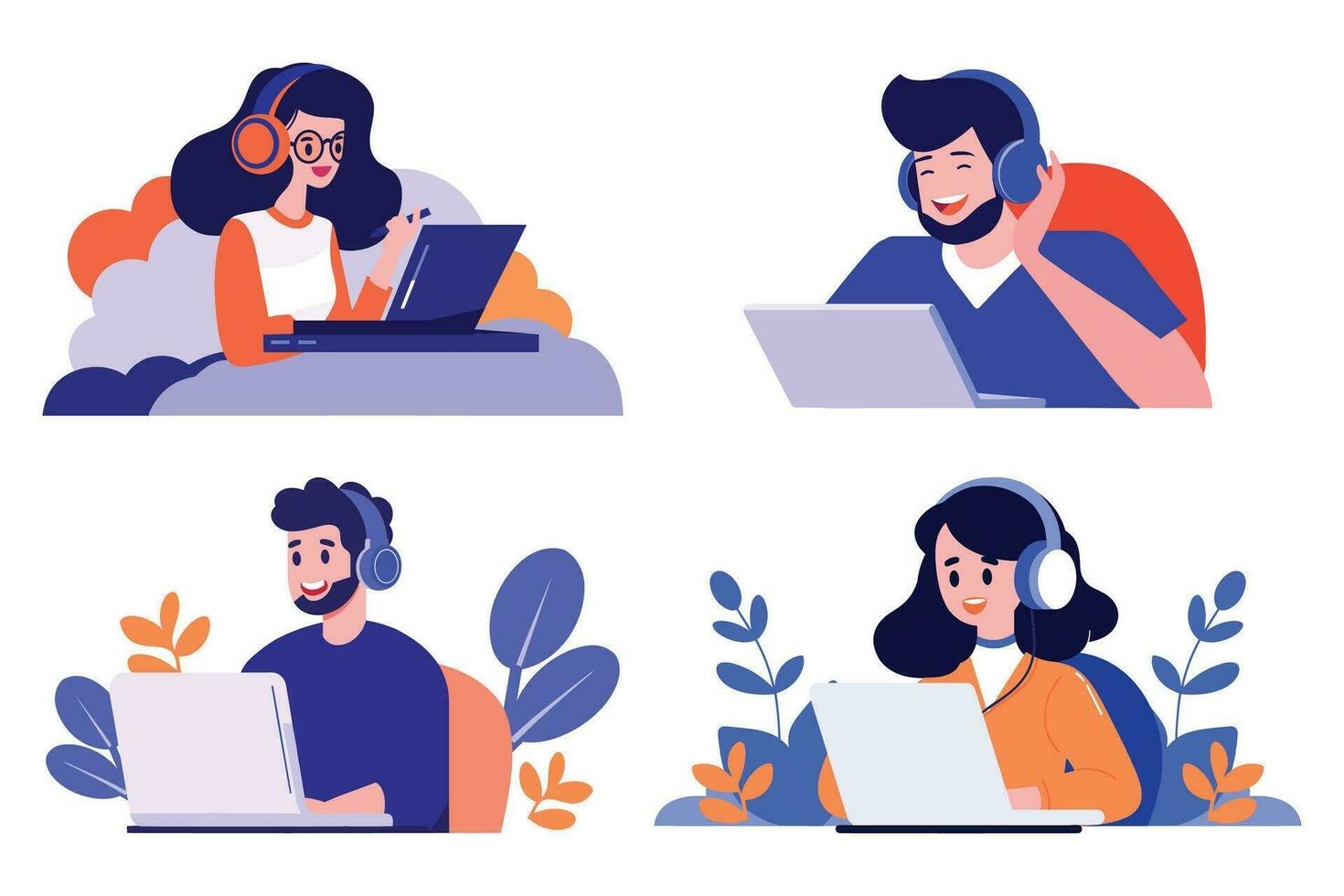 Hand Drawn Office worker with headphones in concept Support Center in flat style vector