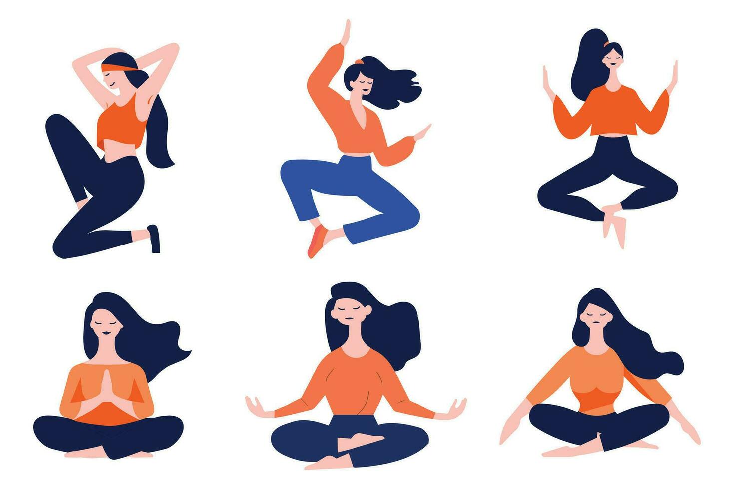 mano dibujado hembra personaje haciendo yoga o meditando en plano estilo vector