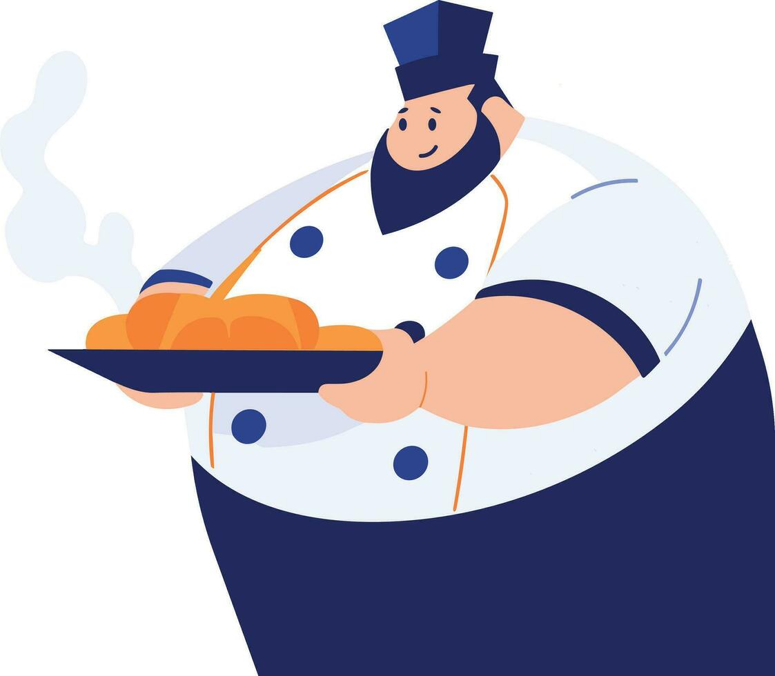 Hand Drawn Overweight chef cooking in the kitchen in flat style vector