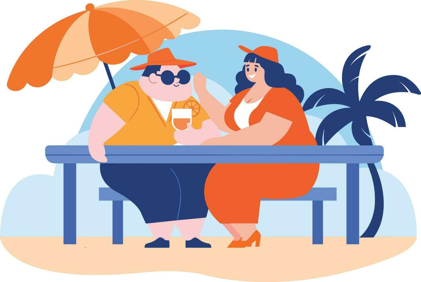 Hand Drawn Overweight couple having a drink at a bar by the sea in flat style vector